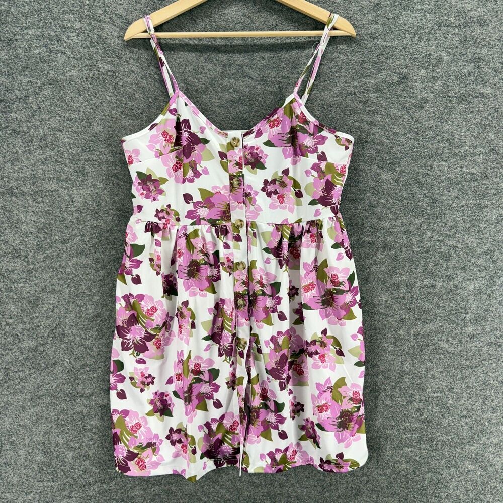 New OrderPlus Mini Dress Women XL White Floral Short V-Neck Button Up Sleeveless
